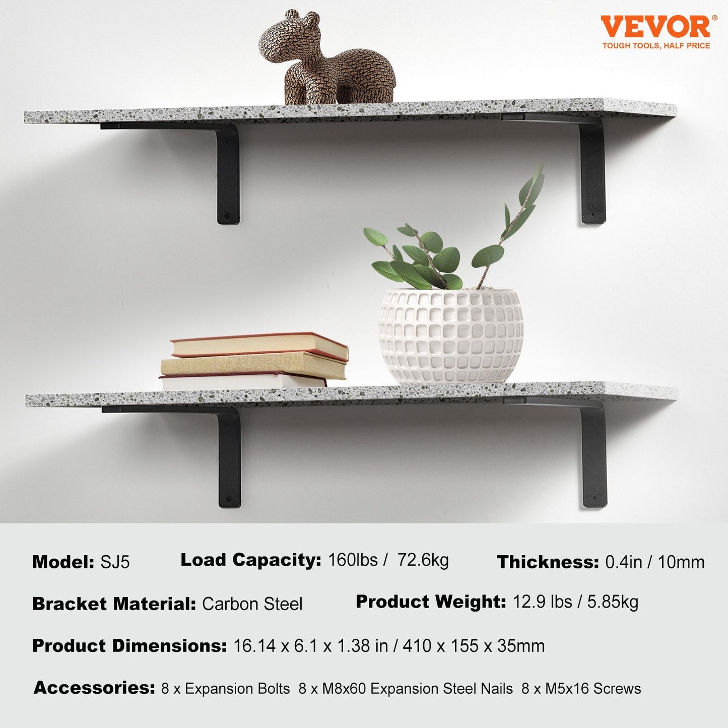 Heavy Duty Steel Shelf Brackets, 41x15.5 cm, 4 Pcs, 72.6 kg Capacity, Matte Black