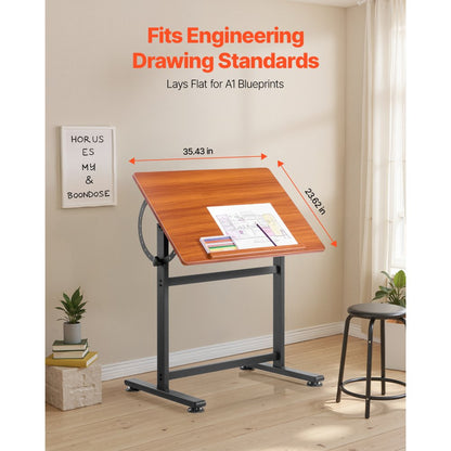 Drafting Table Adjustable 0°–90° Tilt Wooden Drawing Desk with H-Frame