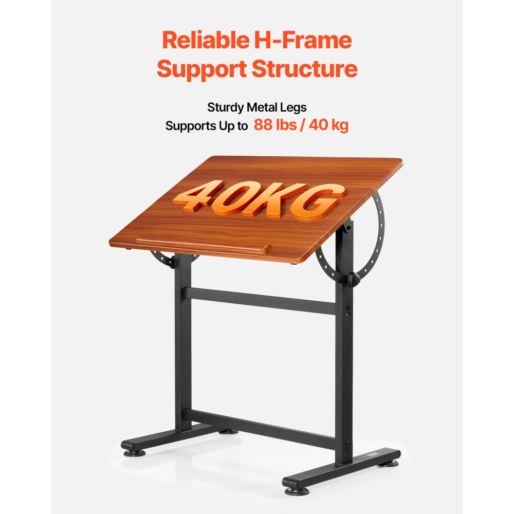 Drafting Table Adjustable 0°–90° Tilt Wooden Drawing Desk with H-Frame