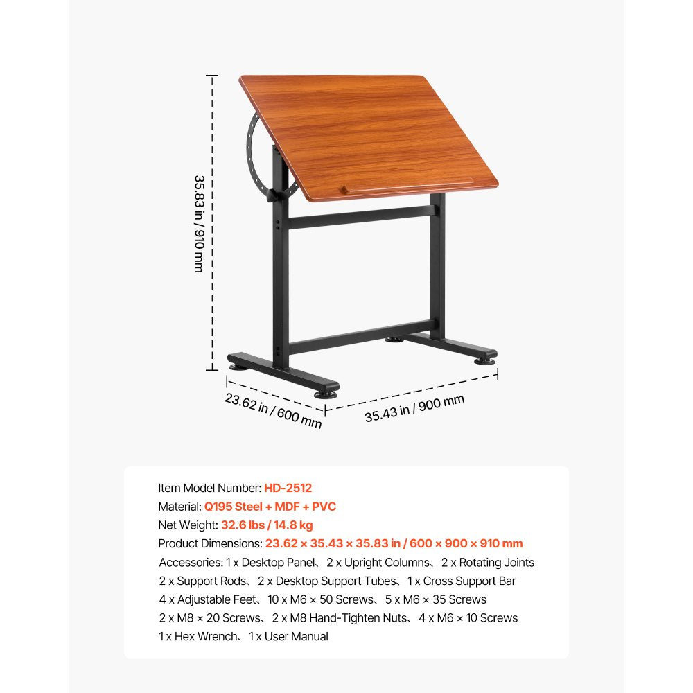 Drafting Table Adjustable 0°–90° Tilt Wooden Drawing Desk with H-Frame