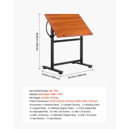 Drafting Table Adjustable 0°–90° Tilt Wooden Drawing Desk with H-Frame