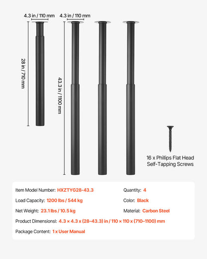 Adjustable Table Legs, 710-1100 mm Steel Furniture Legs, 544 kg Max Load Heavy Duty, Quick Installation, Ideal for Home Office Desk DIY, Coffee Dinner Bar Tables, Workbenches, Set of 4, Black