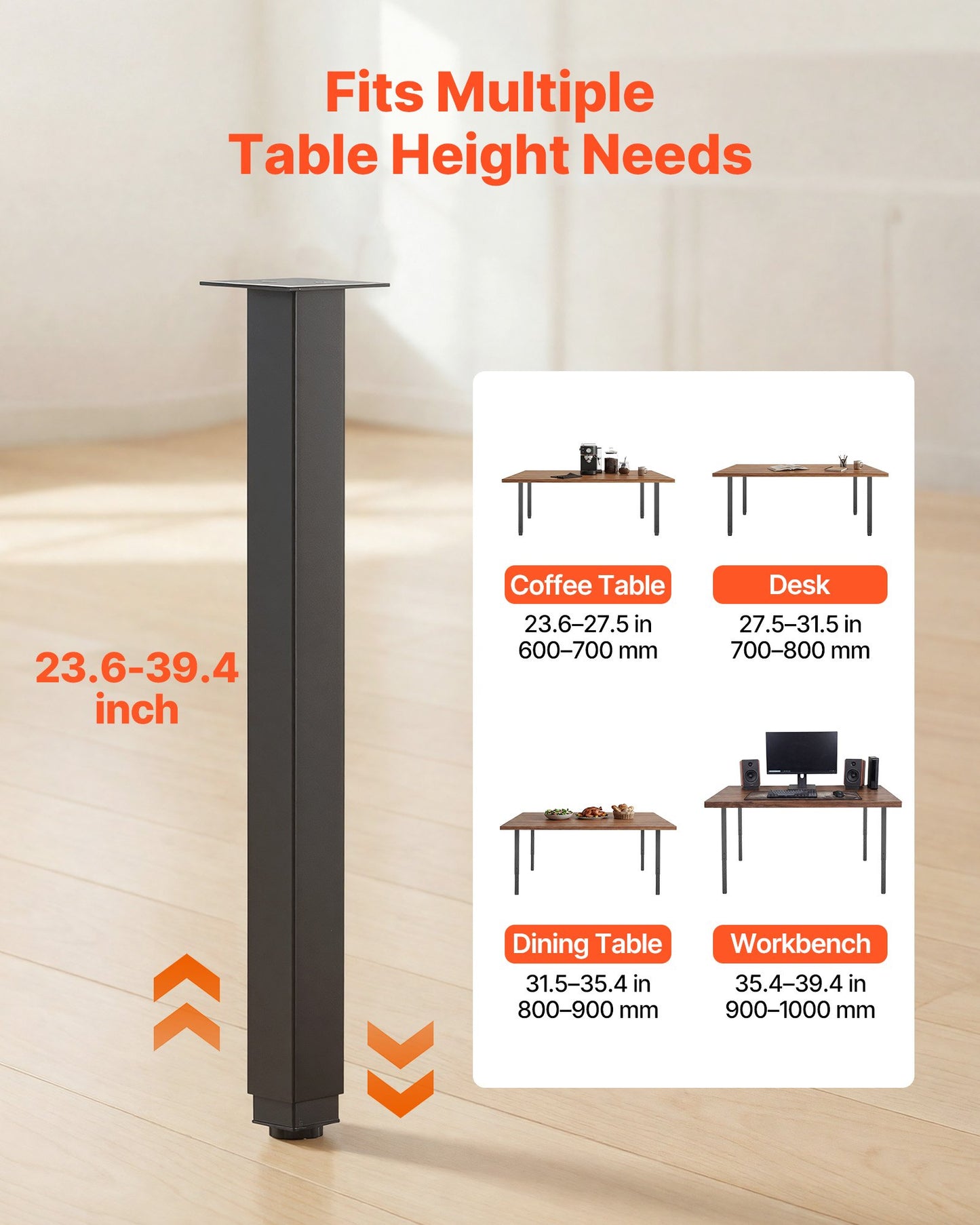 Adjustable Table Legs, 610-1016 mm Square Steel Furniture Legs, 544 kg Max Load Heavy Duty, Quick Installation, for Home Office Desk DIY, Coffee Dinner Bar Tables, Workbenches, 4 PCS, Black
