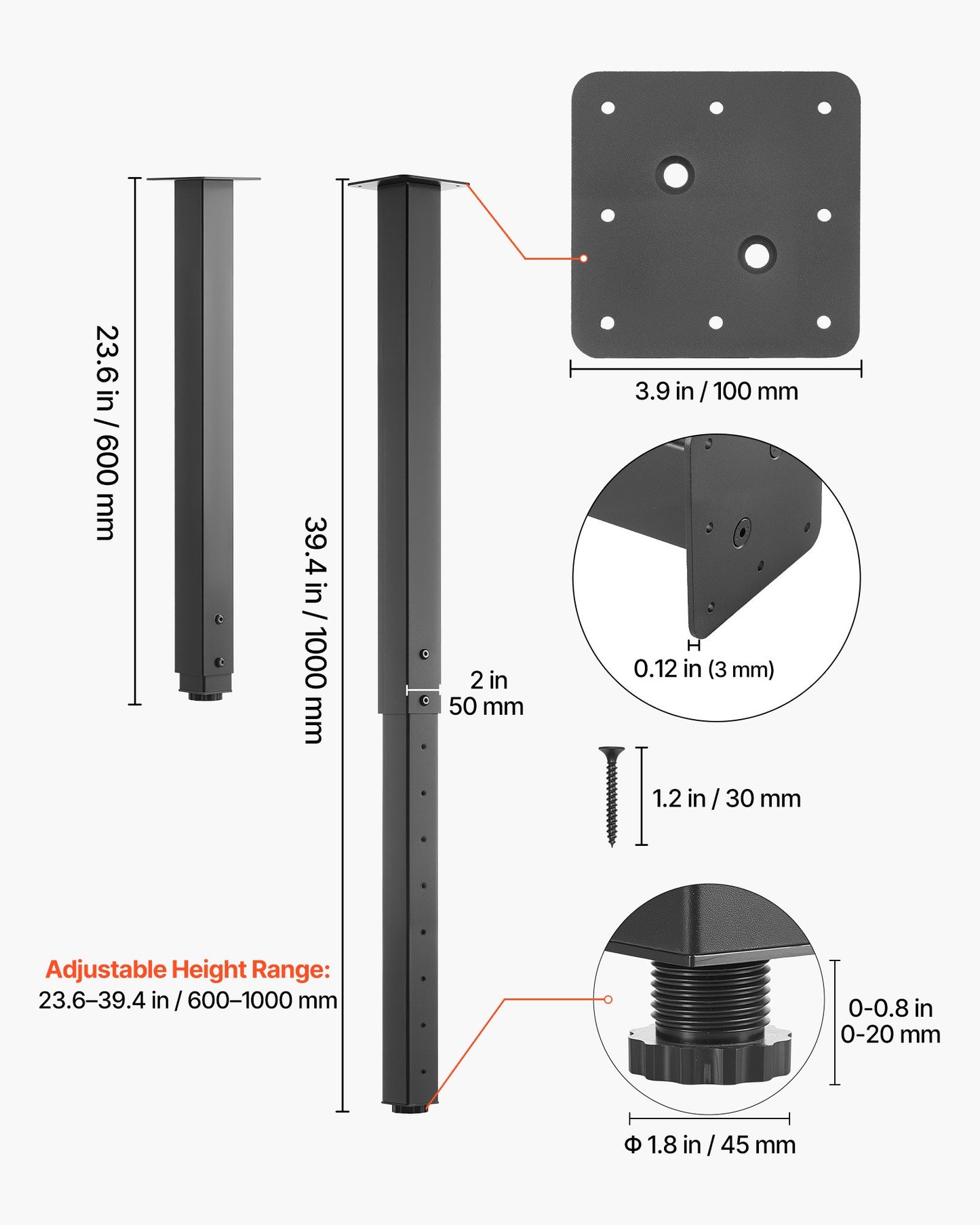 Adjustable Table Legs, 610-1016 mm Square Steel Furniture Legs, 544 kg Max Load Heavy Duty, Quick Installation, for Home Office Desk DIY, Coffee Dinner Bar Tables, Workbenches, 4 PCS, Black