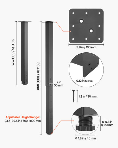 Adjustable Table Legs, 610-1016 mm Square Steel Furniture Legs, 544 kg Max Load Heavy Duty, Quick Installation, for Home Office Desk DIY, Coffee Dinner Bar Tables, Workbenches, 4 PCS, Black