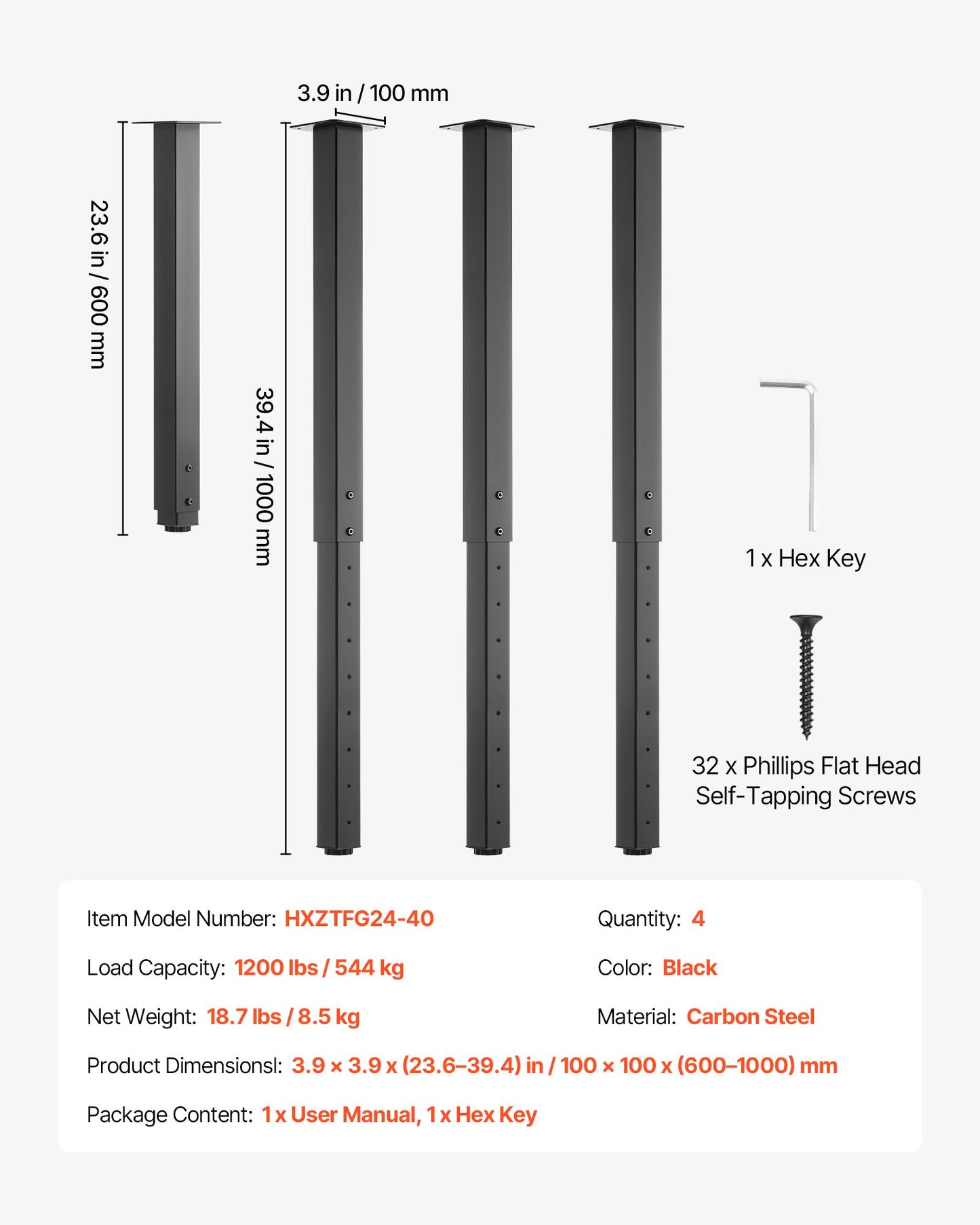 Adjustable Table Legs, 610-1016 mm Square Steel Furniture Legs, 544 kg Max Load Heavy Duty, Quick Installation, for Home Office Desk DIY, Coffee Dinner Bar Tables, Workbenches, 4 PCS, Black