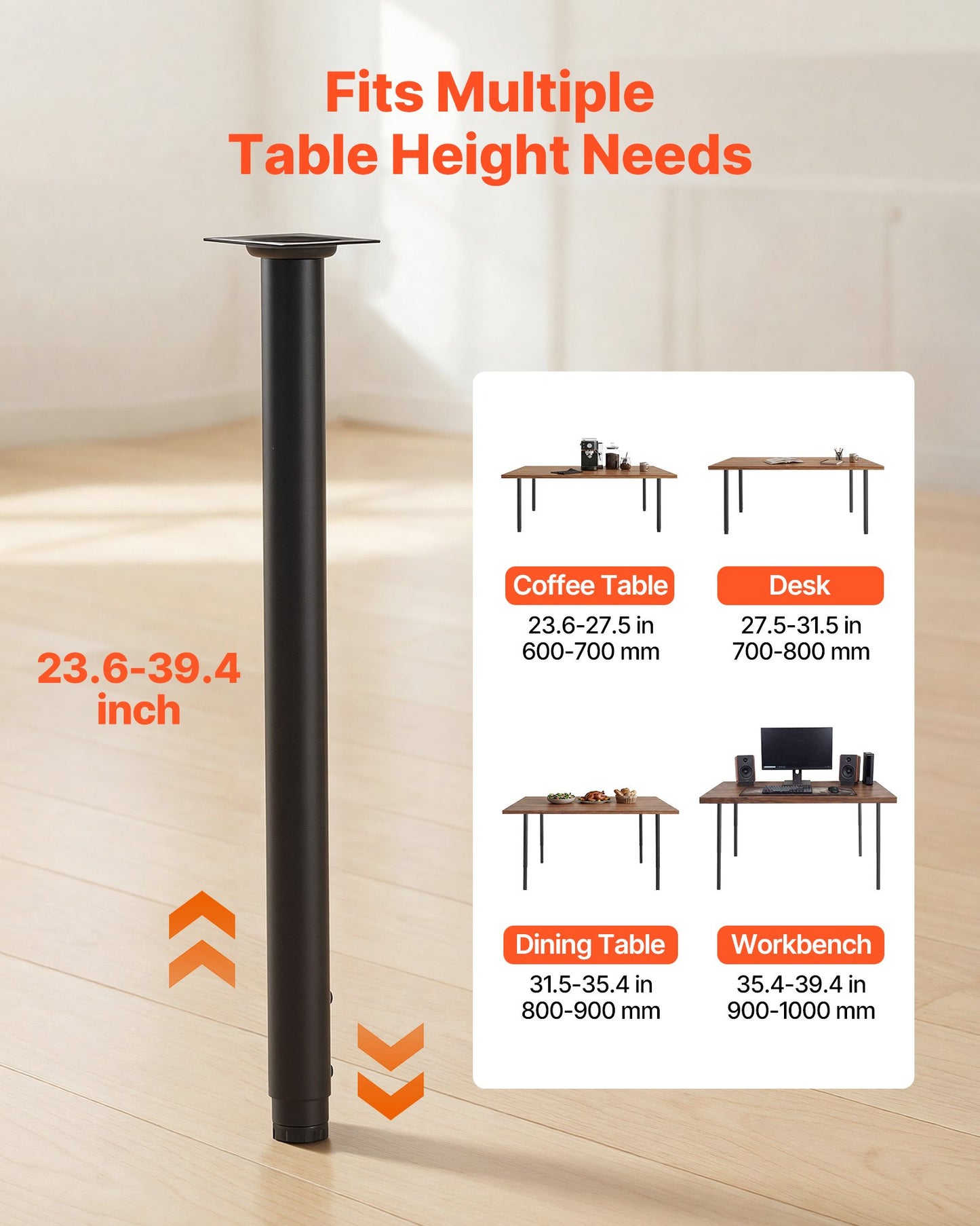 Adjustable Table Legs, 610-1016 mm Round Steel Furniture Legs, 544 kg Max Load Heavy Duty, Quick Installation, for Home Office Desk DIY, Coffee Dinner Bar Tables, Workbenches, 4 PCS, Black