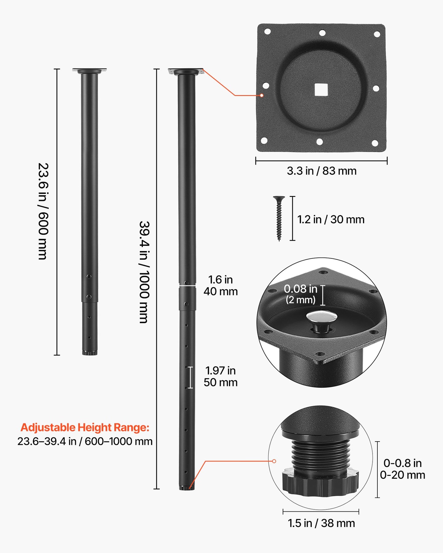 Adjustable Table Legs, 610-1016 mm Round Steel Furniture Legs, 544 kg Max Load Heavy Duty, Quick Installation, for Home Office Desk DIY, Coffee Dinner Bar Tables, Workbenches, 4 PCS, Black