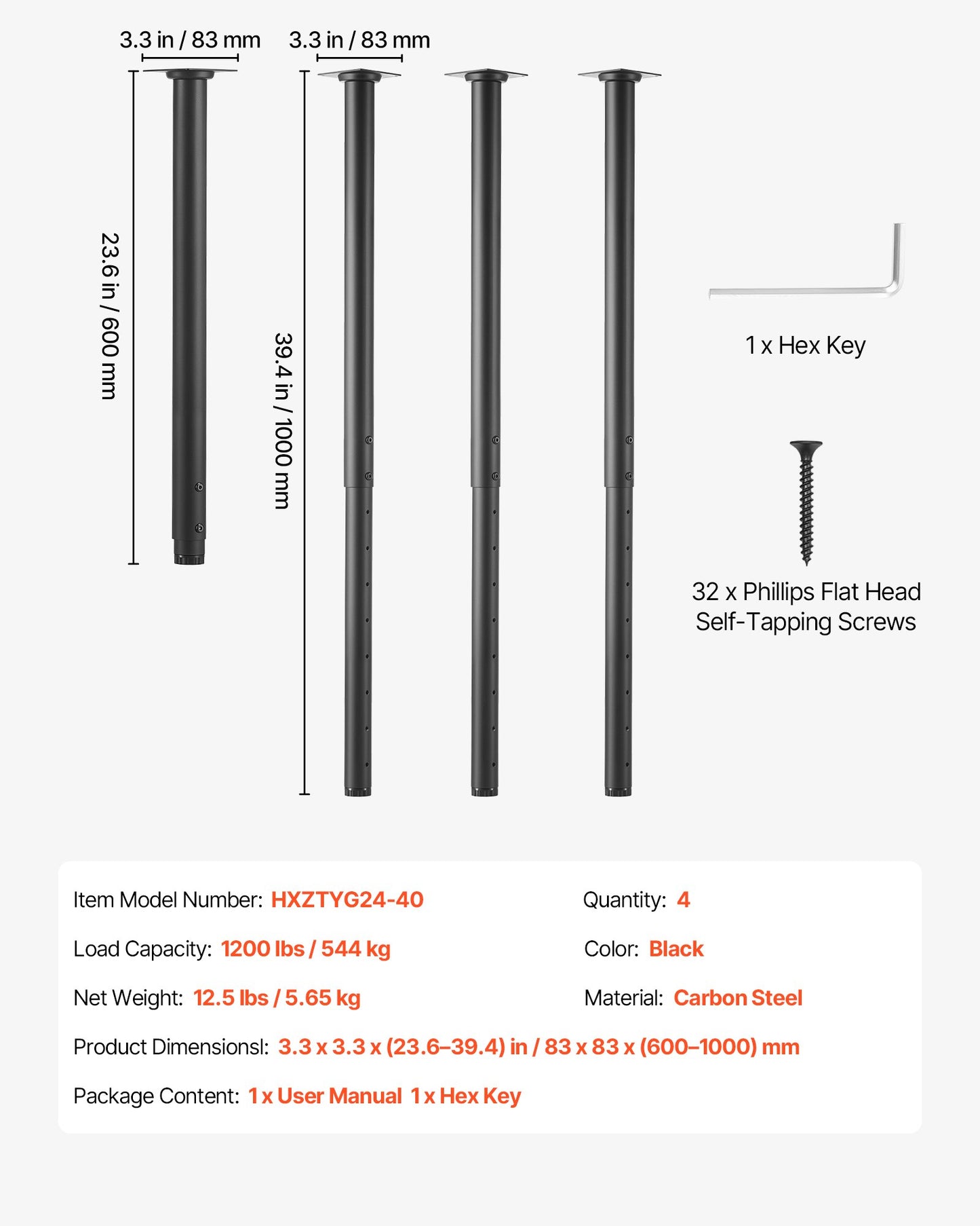 Adjustable Table Legs, 610-1016 mm Round Steel Furniture Legs, 544 kg Max Load Heavy Duty, Quick Installation, for Home Office Desk DIY, Coffee Dinner Bar Tables, Workbenches, 4 PCS, Black