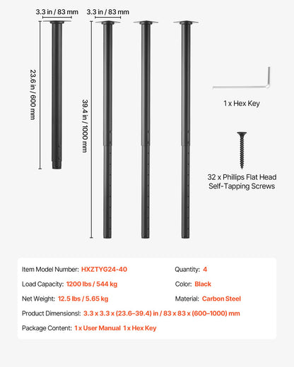 Adjustable Table Legs, 610-1016 mm Round Steel Furniture Legs, 544 kg Max Load Heavy Duty, Quick Installation, for Home Office Desk DIY, Coffee Dinner Bar Tables, Workbenches, 4 PCS, Black