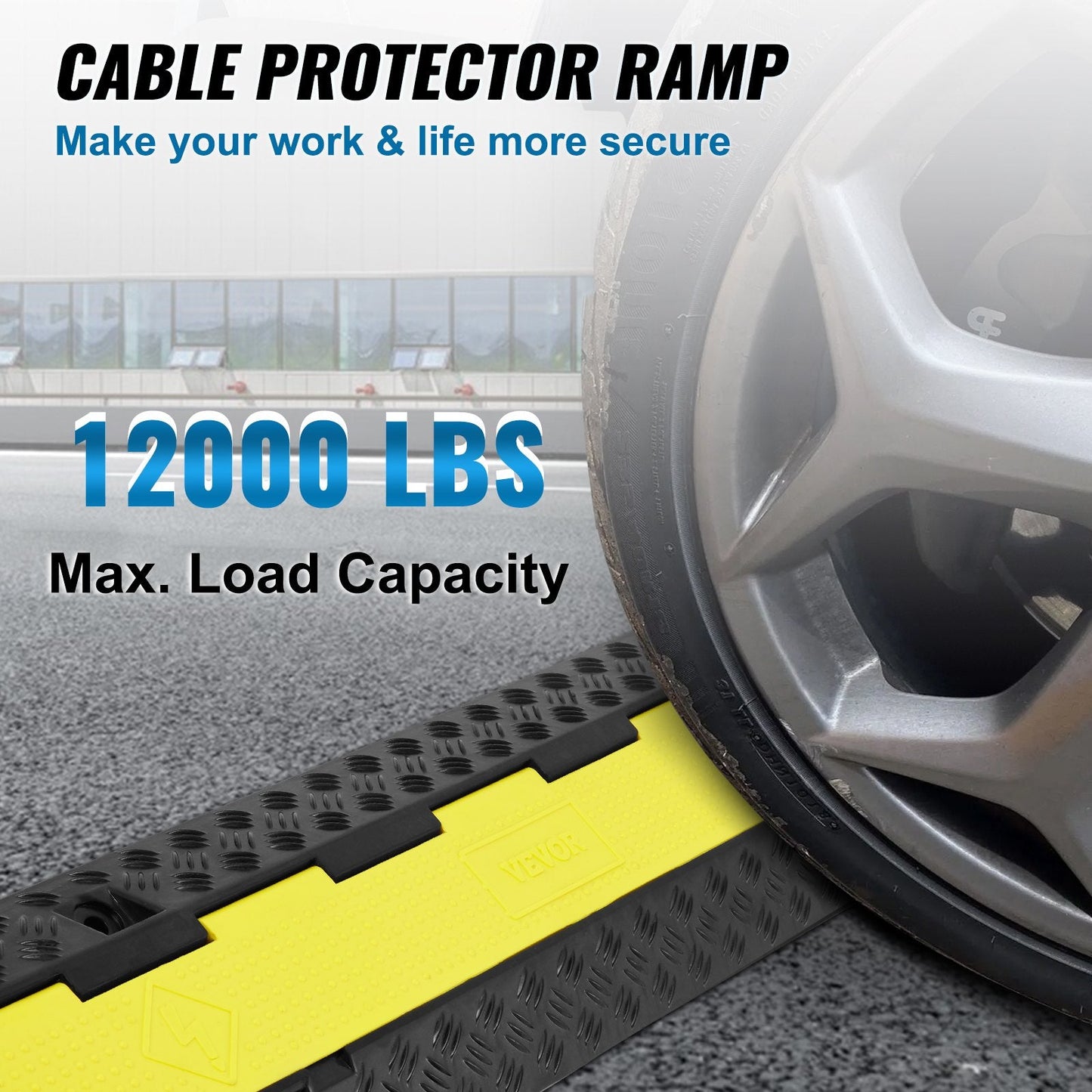 5-Piece Rubber Cable Protector Ramp, 2 Channels, 5443 kg Capacity, Black/Yellow