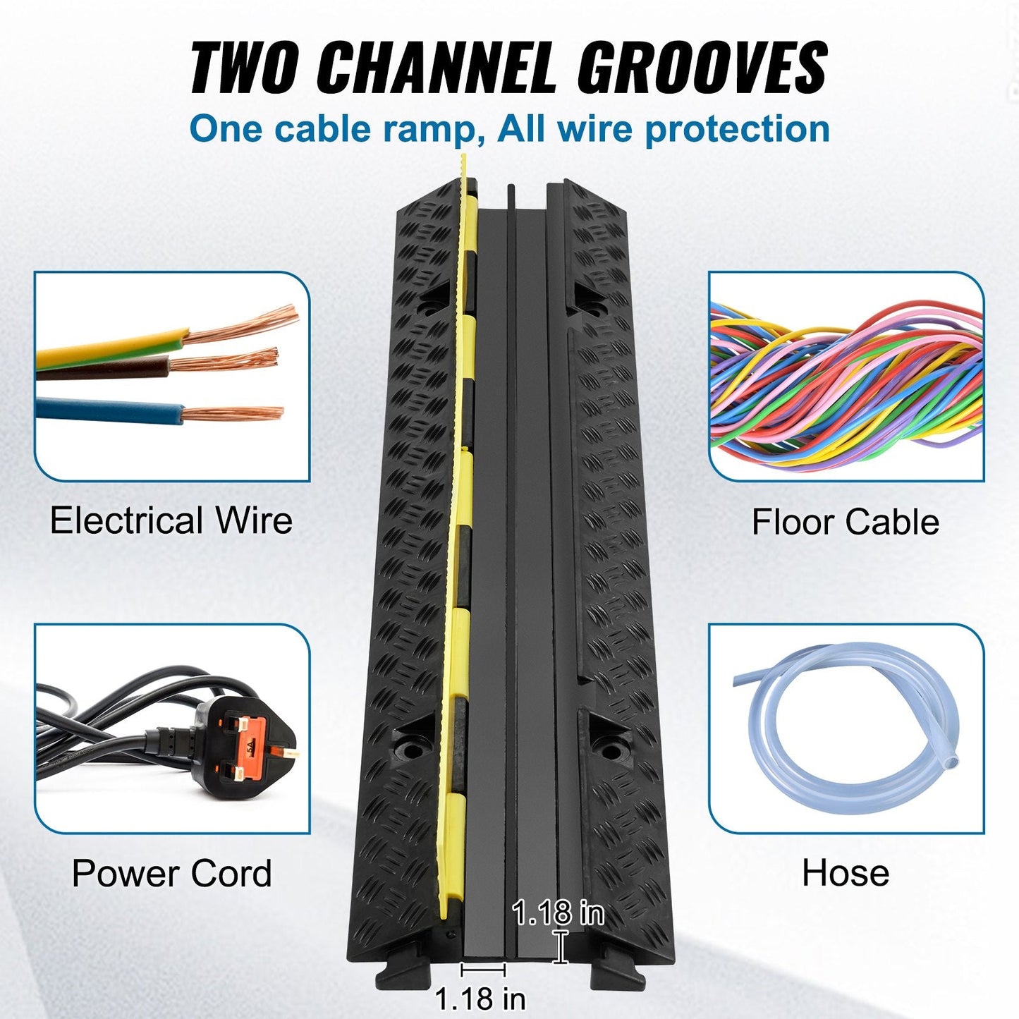 5-Piece Rubber Cable Protector Ramp, 2 Channels, 5443 kg Capacity, Black/Yellow