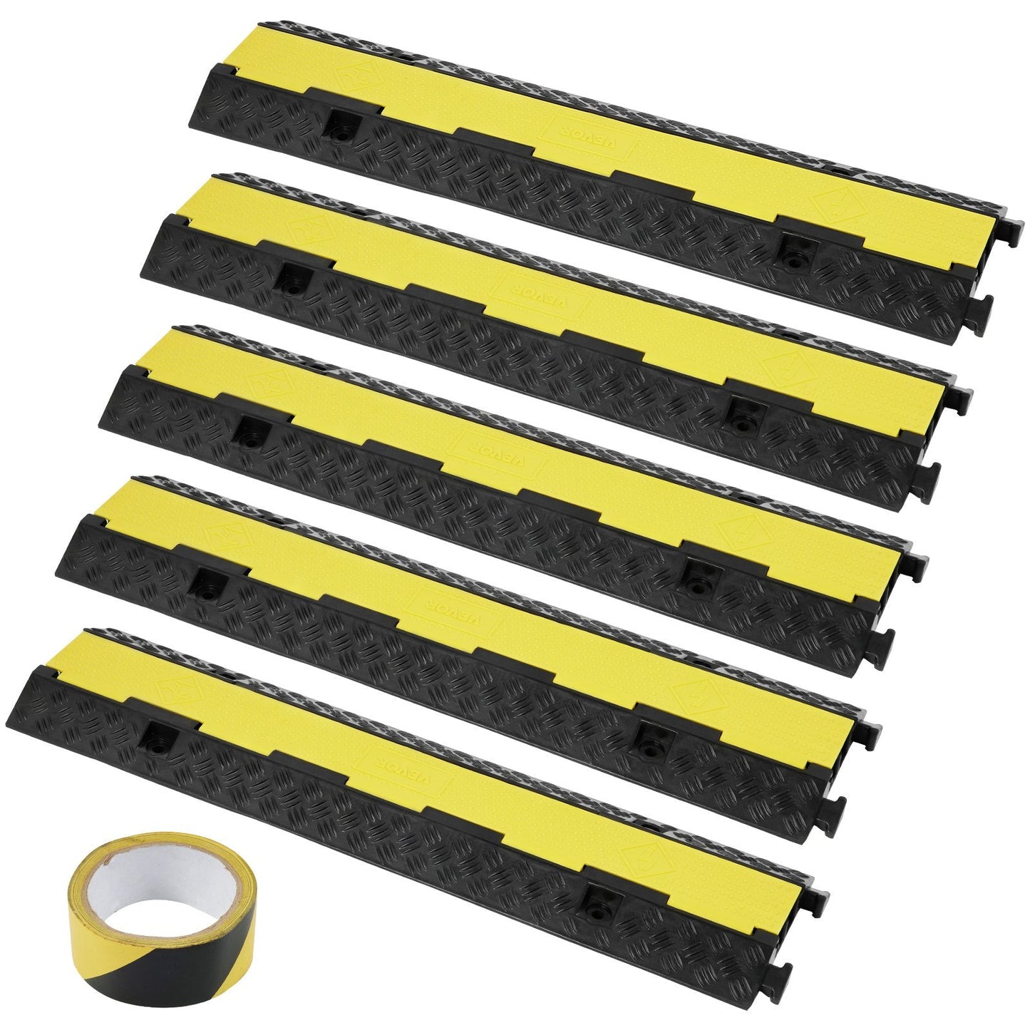 5-Piece Rubber Cable Protector Ramp, 2 Channels, 5443 kg Capacity, Black/Yellow