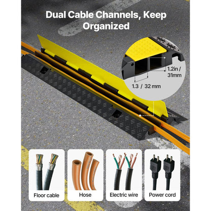 Cable Protector Ramp, 9,979 kg/axle Capacity, 2 Channel Heavy Duty Rubber Cord Hose Wire Cover, 32 x 31 mm Channel, Traf