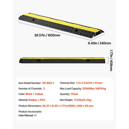 Cable Protector Ramp, 9,979 kg/axle Capacity, 2 Channel Heavy Duty Rubber Cord Hose Wire Cover, 32 x 31 mm Channel, Traf