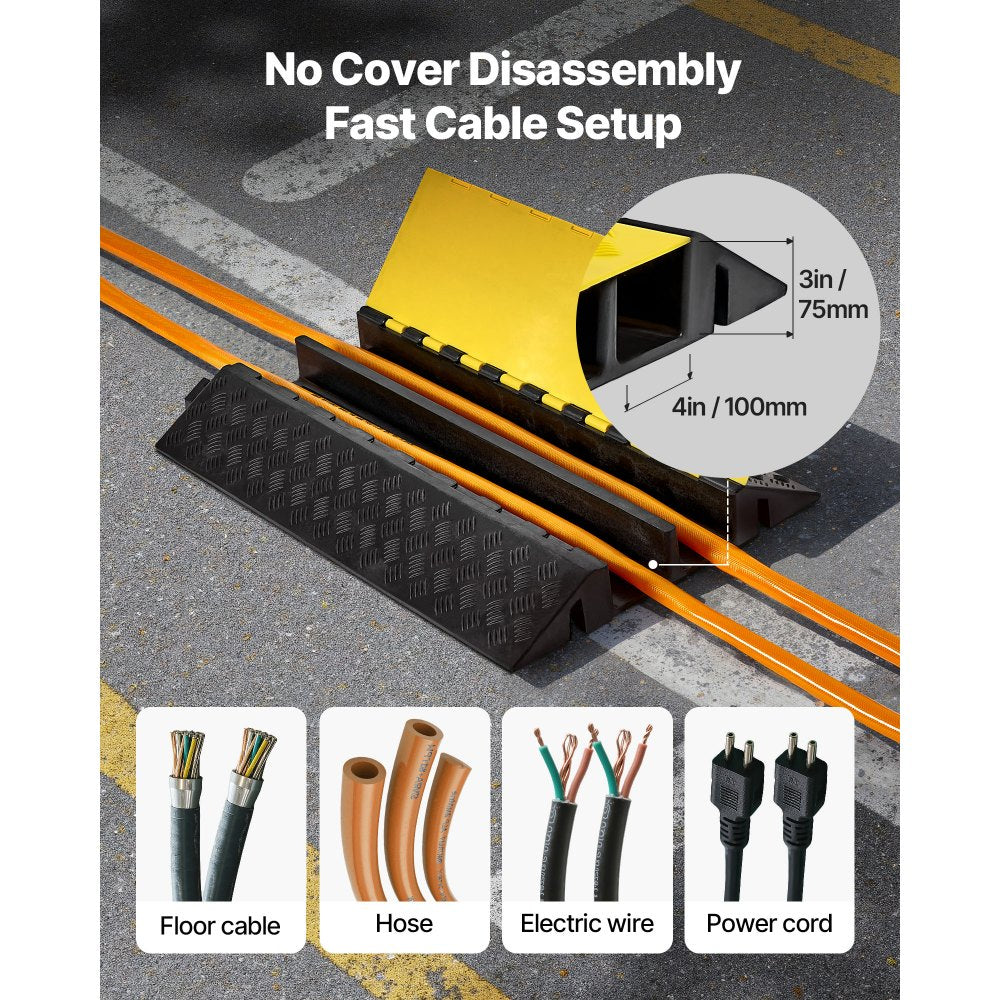 Cable Protector Ramp, 9,979 kg/axle Capacity, 2 Channel Heavy Duty Rubber Cord Hose Wire Cover, 100 x 75 mm Channel, Traffic Speed Bump with Flip-Open Top Cover, for Indoor Outdoor Use, 1 Pack