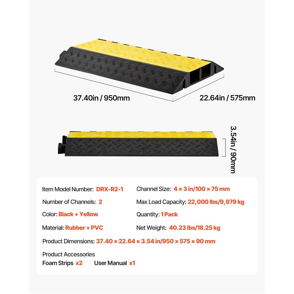 Cable Protector Ramp, 9,979 kg/axle Capacity, 2 Channel Heavy Duty Rubber Cord Hose Wire Cover, 100 x 75 mm Channel, Traffic Speed Bump with Flip-Open Top Cover, for Indoor Outdoor Use, 1 Pack