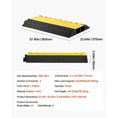 Cable Protector Ramp, 9,979 kg/axle Capacity, 2 Channel Heavy Duty Rubber Cord Hose Wire Cover, 100 x 75 mm Channel, Tra