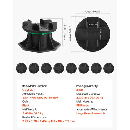 8 Pcs Adjustable Deck Support Pedestal Deck Foundation Base 3.54-4.65 in