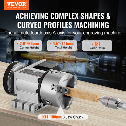 CNC Milling Machine Indexing Head with 3-Jaw Chuck, 65mm Center Height, 6:1 Ratio
