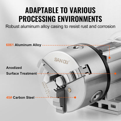 CNC Milling Machine Indexing Head with 3-Jaw Chuck, 65mm Center Height, 6:1 Ratio