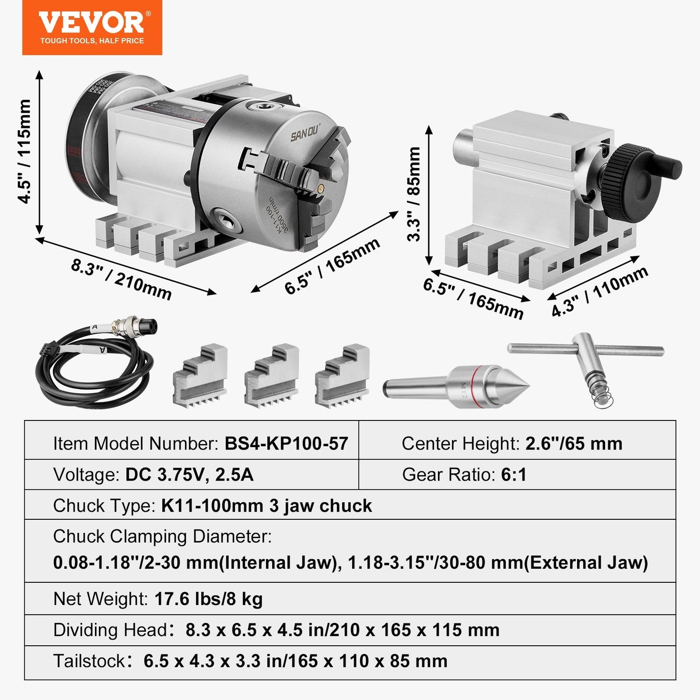 CNC Milling Machine Indexing Head with 3-Jaw Chuck, 65mm Center Height, 6:1 Ratio