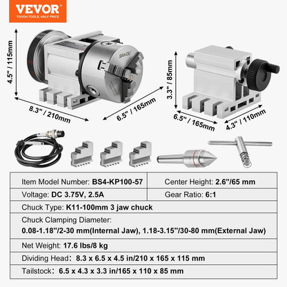 CNC Milling Machine Indexing Head with 3-Jaw Chuck, 65mm Center Height, 6:1 Ratio