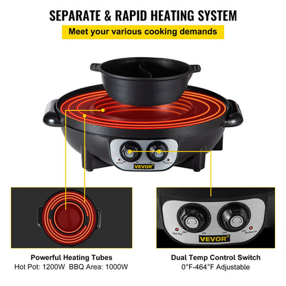 VEVOR 2 in 1 Electric BBQ Grill Hot Pot Plate Shabu Oven Smokeless Barbecue Pan
