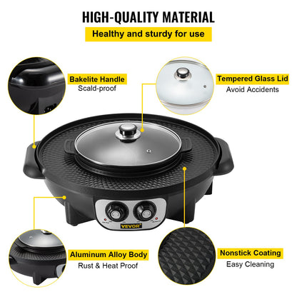 VEVOR 2 in 1 Electric BBQ Grill Hot Pot Plate Shabu Oven Smokeless Barbecue Pan