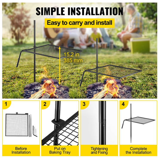 Heavy Duty Campfire Swivel Grill, 0.61m x 0.61m, with 1.53m Pole for BBQ