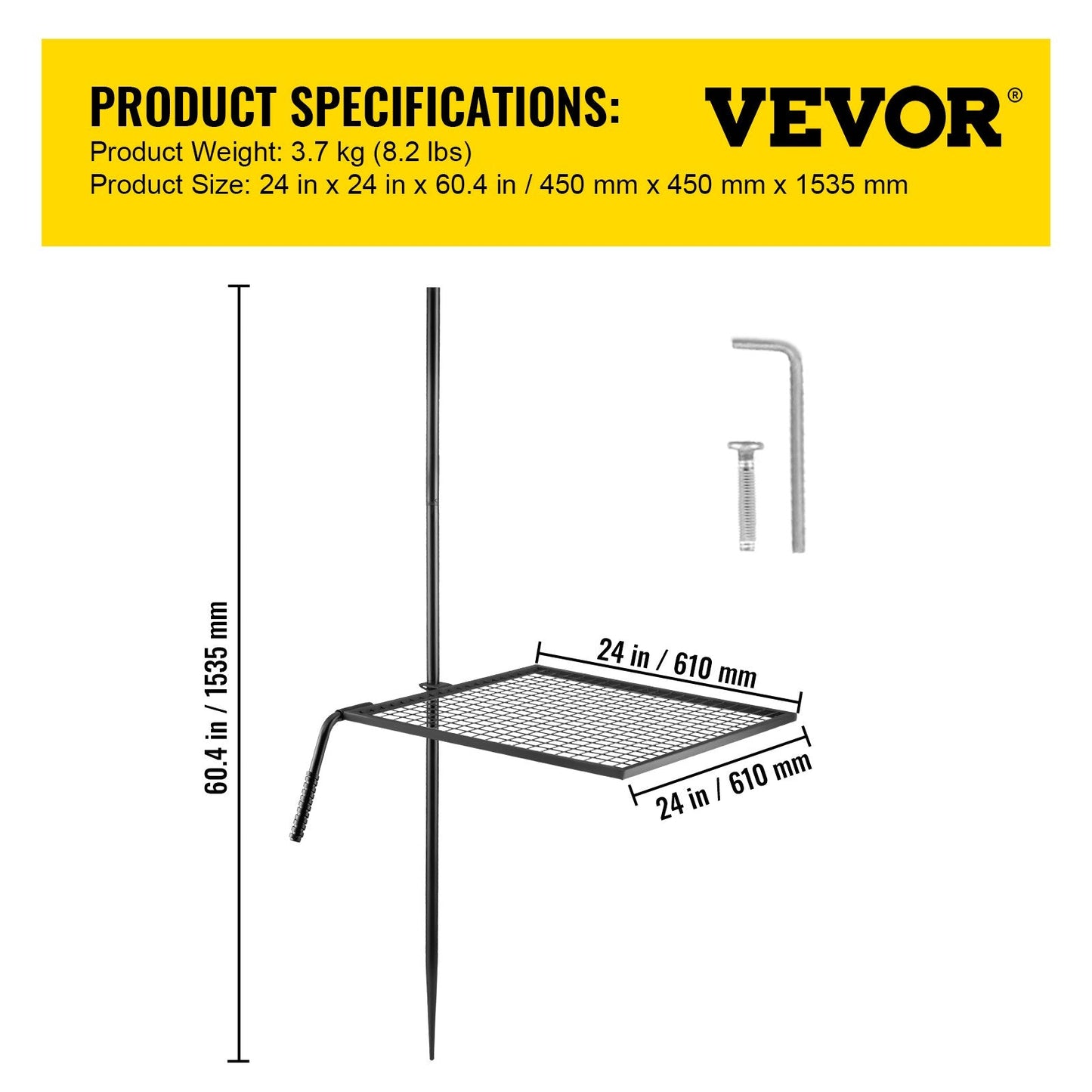 Heavy Duty Campfire Swivel Grill, 0.61m x 0.61m, with 1.53m Pole for BBQ