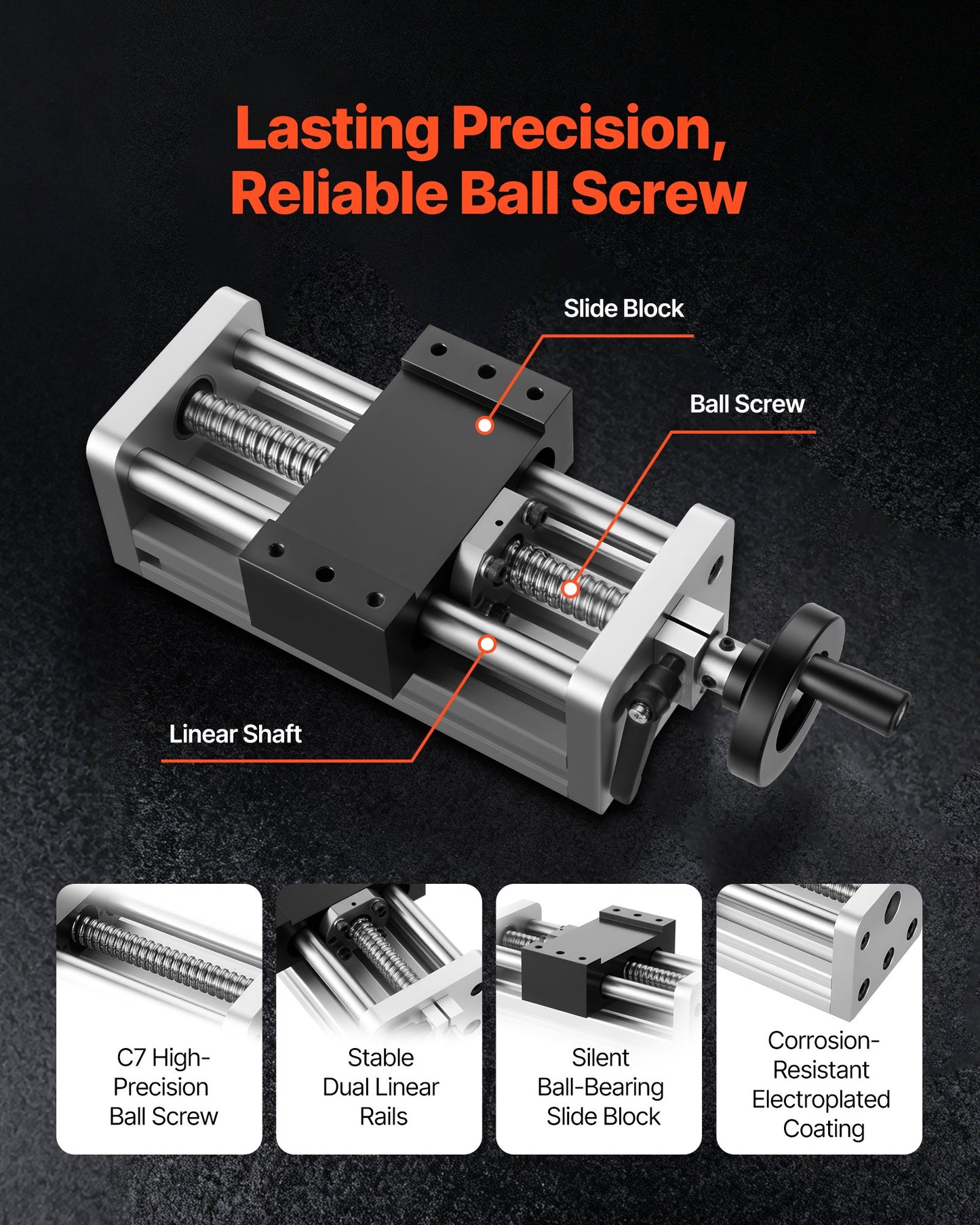 Linear Stage Actuator, 100 mm Effective Stroke, Ball Screw CNC Linear Motion Guide Rail, Double Optical Axis, C7 High-Precision, Bearing Slide Block, Manual Handwheel, for CNC Router X Y Z Axis