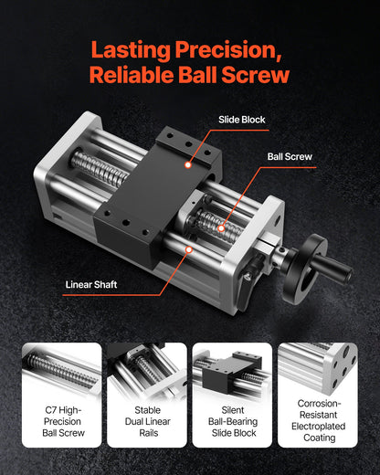 Linear Stage Actuator, 100 mm Effective Stroke, Ball Screw CNC Linear Motion Guide Rail, Double Optical Axis, C7 High-Precision, Bearing Slide Block, Manual Handwheel, for CNC Router X Y Z Axis