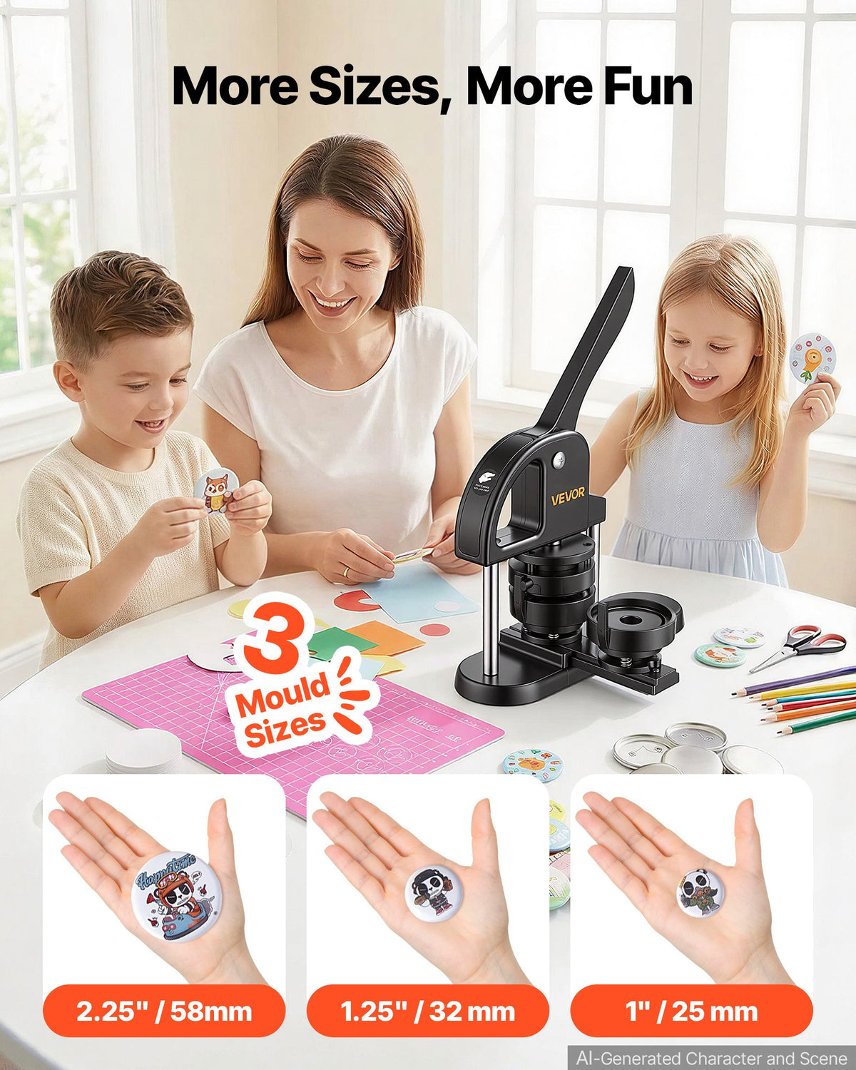 Button Maker Machine 1"/1.25"/2.25"(25/32/58 mm) Pin Maker Black, with 300pcs Button Parts, Circle Cutter and Magic Book, Ergonomic Handle, for DIY Badges, Pins, Fridge Magnets and Key Chains