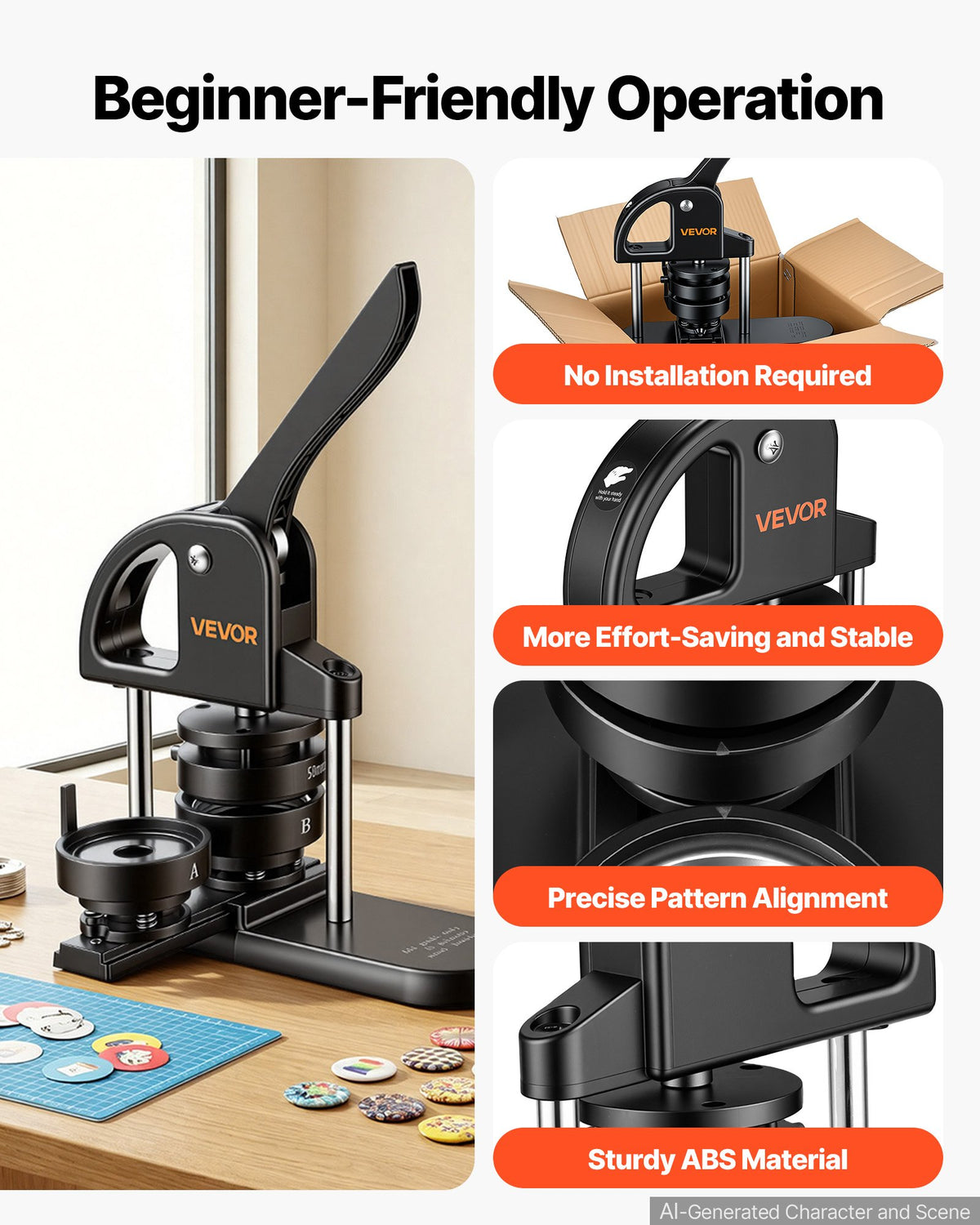 Button Maker Machine 1"/1.25"/2.25"(25/32/58 mm) Pin Maker Black, with 300pcs Button Parts, Circle Cutter and Magic Book, Ergonomic Handle, for DIY Badges, Pins, Fridge Magnets and Key Chains