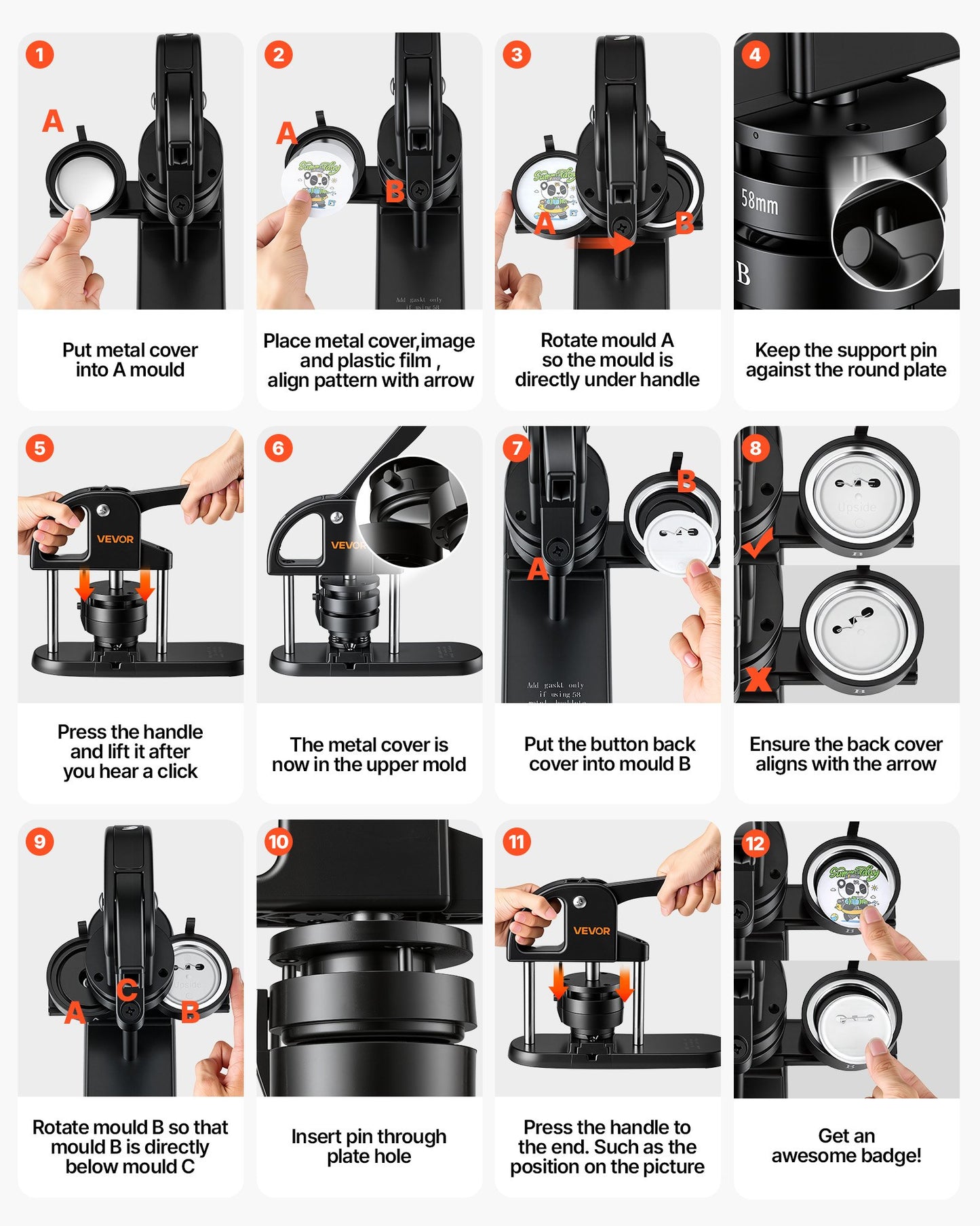 Button Maker Machine 1"/1.25"/2.25"(25/32/58 mm) Pin Maker Black, with 300pcs Button Parts, Circle Cutter and Magic Book, Ergonomic Handle, for DIY Badges, Pins, Fridge Magnets and Key Chains
