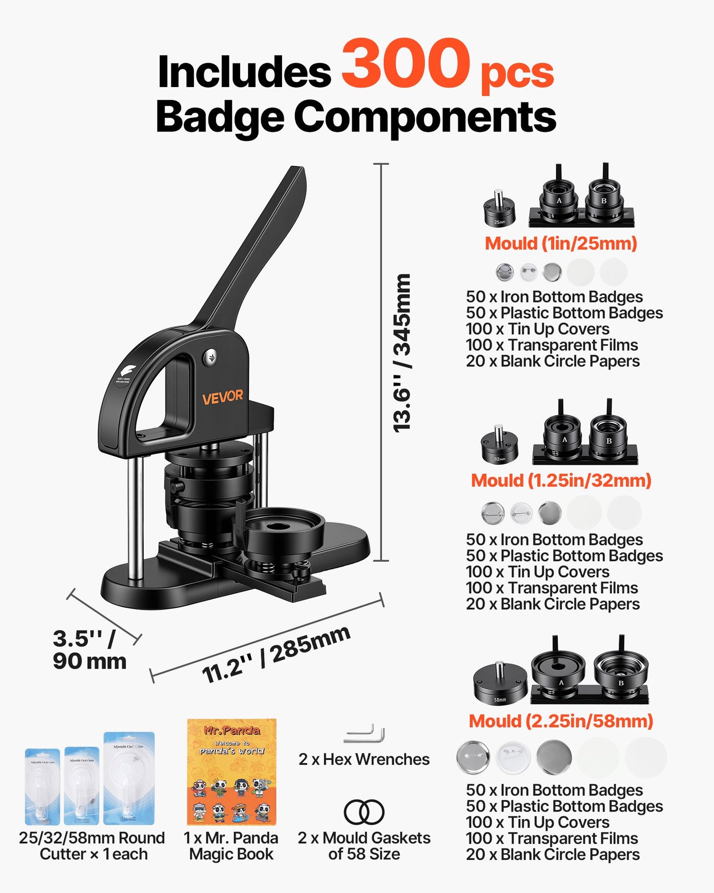Button Maker Machine 1"/1.25"/2.25"(25/32/58 mm) Pin Maker Black, with 300pcs Button Parts, Circle Cutter and Magic Book, Ergonomic Handle, for DIY Badges, Pins, Fridge Magnets and Key Chains