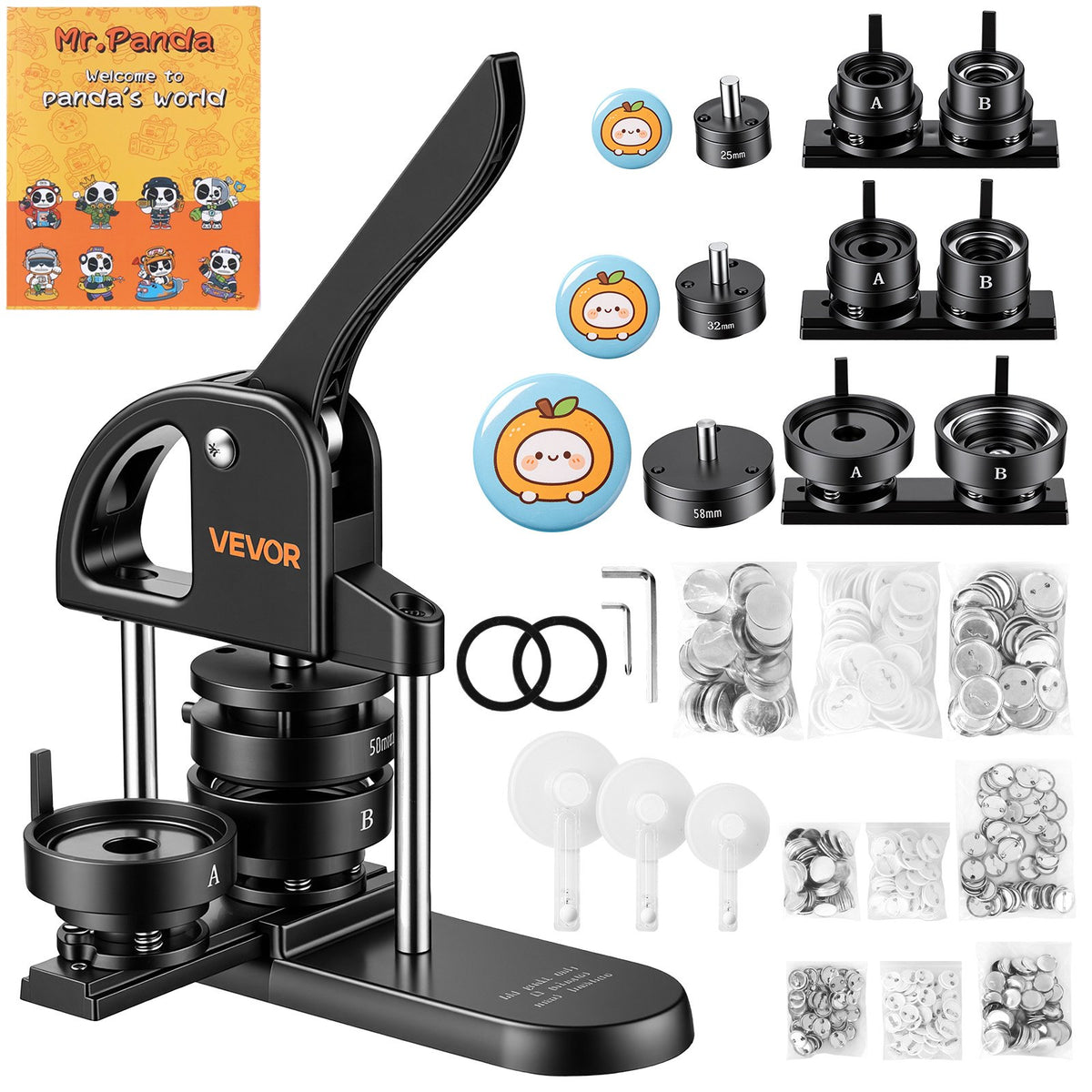 Button Maker Machine 1"/1.25"/2.25"(25/32/58 mm) Pin Maker Black, with 300pcs Button Parts, Circle Cutter and Magic Book, Ergonomic Handle, for DIY Badges, Pins, Fridge Magnets and Key Chains
