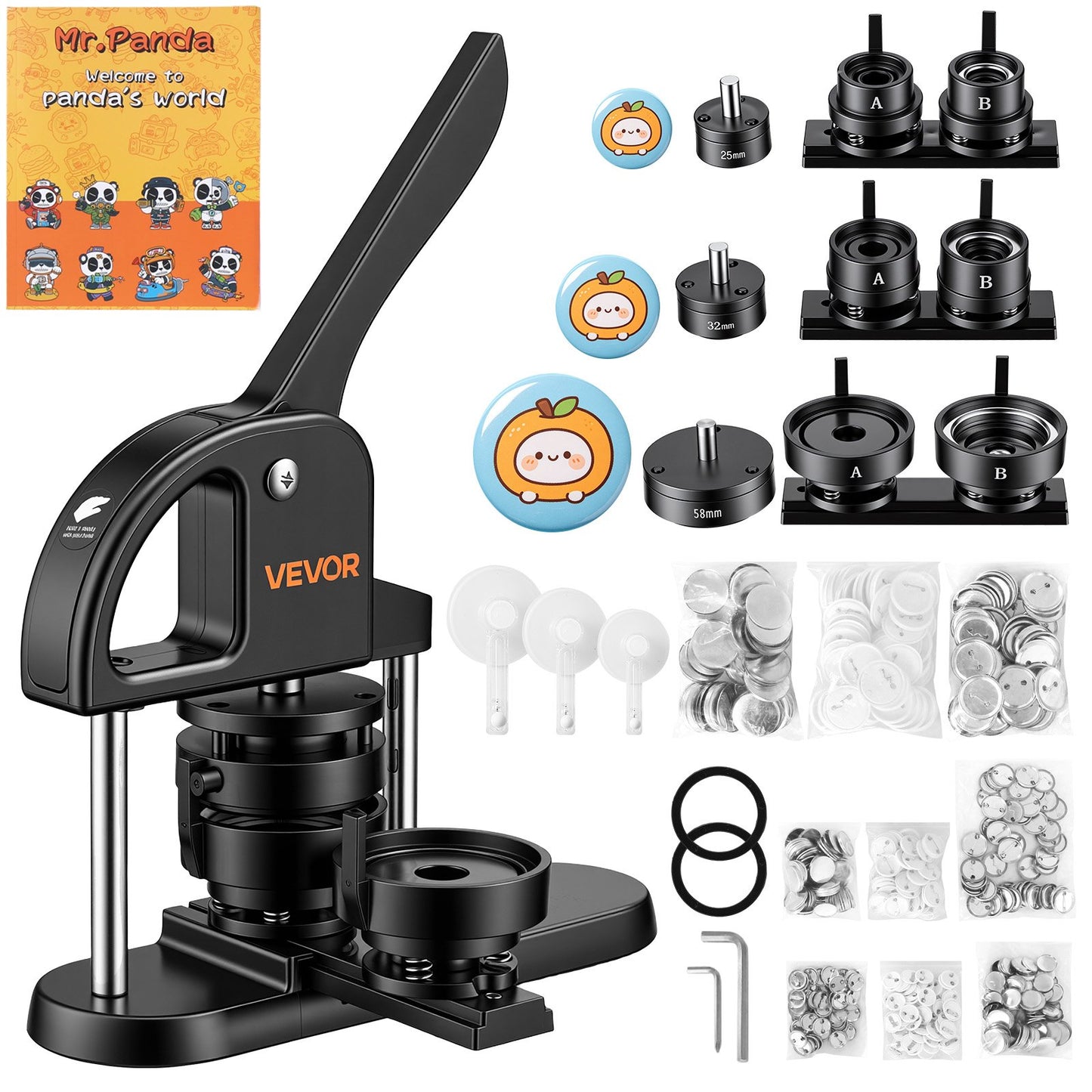 Button Maker Machine 1"/1.25"/2.25"(25/32/58 mm) Pin Maker Black, with 300pcs Button Parts, Circle Cutter and Magic Book, Ergonomic Handle, for DIY Badges, Pins, Fridge Magnets and Key Chains