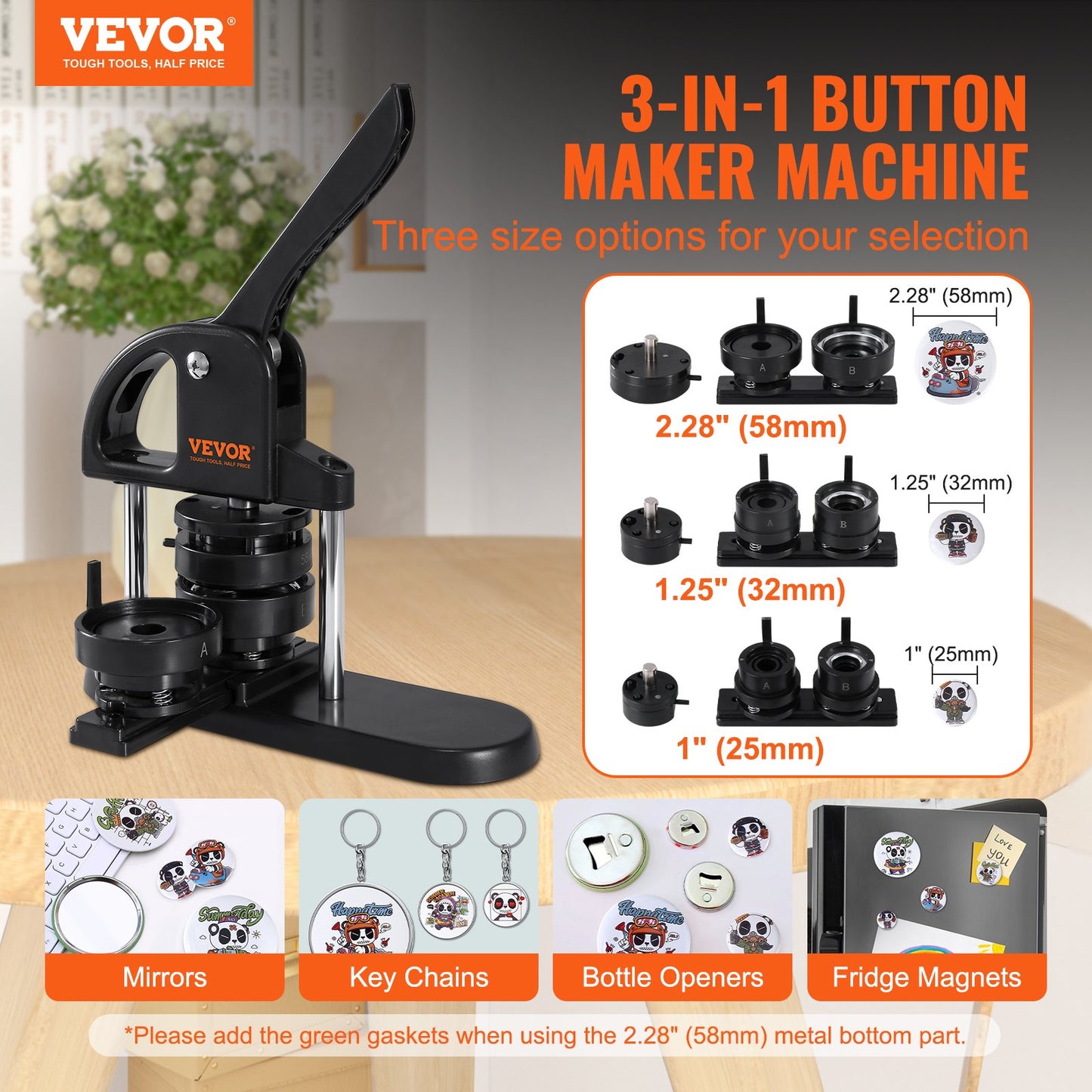 VEVOR Button Maker Machine, 1/1.25/2.28 inch(25/32/58mm) 3-in-1 Pin Maker, Installation-Free