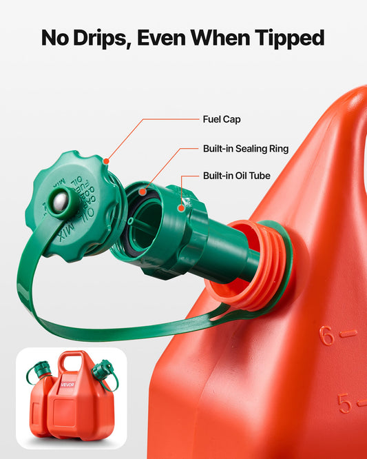 Fuel Container, 6 L, Fuel Tank with Spout & 1.9 L Extra Oil Container, 5.5 L/min Max Flow Rate, Leak-proof and Portable Flat Fluid Container for Most Cars Motorcycle ATV UTV