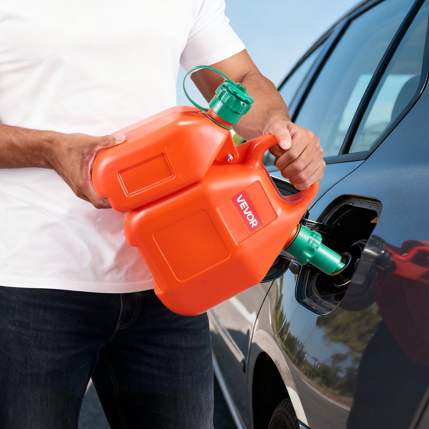 Fuel Container, 6 L, Fuel Tank with Spout & 1.9 L Extra Oil Container, 5.5 L/min Max Flow Rate, Leak-proof and Portable Flat Fluid Container for Most Cars Motorcycle ATV UTV
