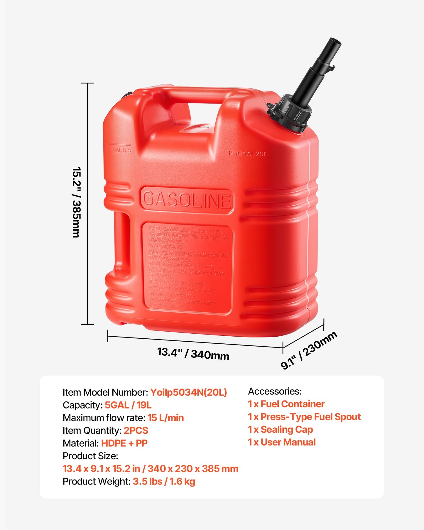Fuel Container, 19 L, Gas Tank with Spout & Clear Scale, 15 L/min Max Flow Rate, Secure & Leak-proof, Portable Flat Fluid Container for Most Cars Motorcycle ATV UTV, Red, 2 Packs