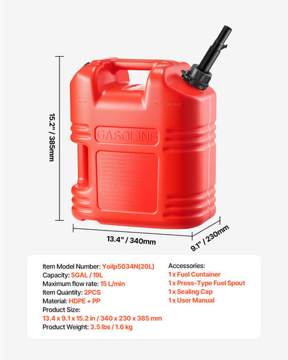 Fuel Container, 19 L, Gas Tank with Spout & Clear Scale, 15 L/min Max Flow Rate, Secure & Leak-proof, Portable Flat Fluid Container for Most Cars Motorcycle ATV UTV, Red, 2 Packs