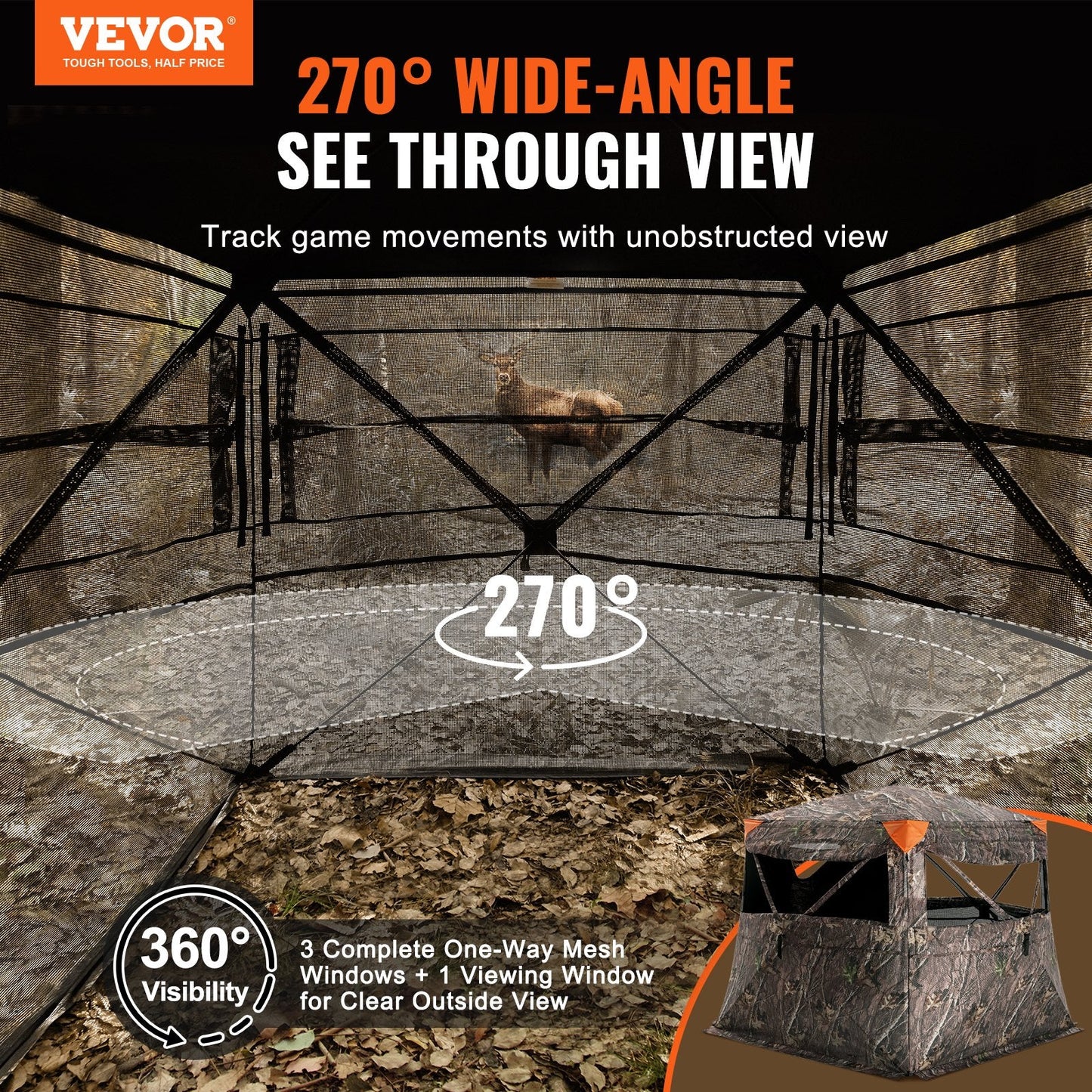 Camouflage Pop-Up Hunting Blind, 4-5 Person, 270° View, 1.78m x 1.78m x 1.7m