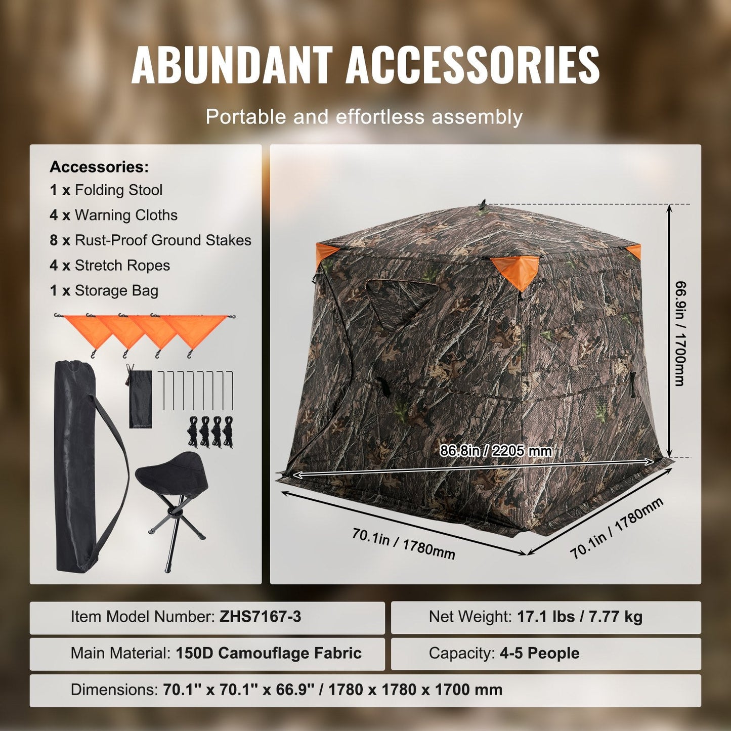 Camouflage Pop-Up Hunting Blind, 4-5 Person, 270° View, 1.78m x 1.78m x 1.7m