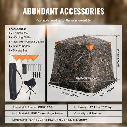 Camouflage Pop-Up Hunting Blind, 4-5 Person, 270° View, 1.78m x 1.78m x 1.7m