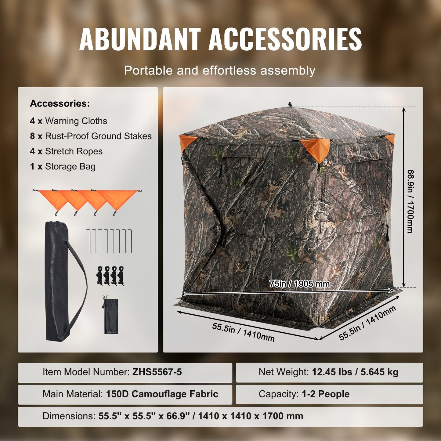 Camouflage Pop-Up Hunting Tent, 1-2 Person with 270° View, Waterproof & Portable