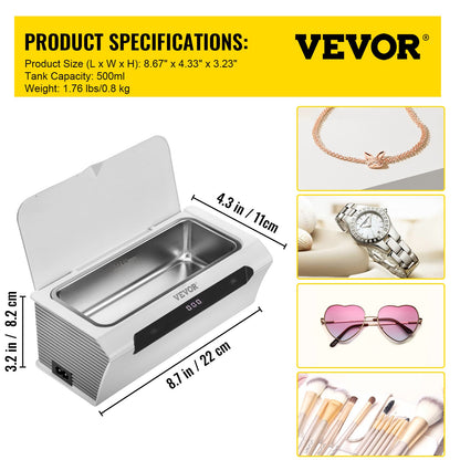 VEVOR Ultrasonic Jewelry Cleaner, 500ML 45 kHz, Professional Ultra Sonic Cleaner