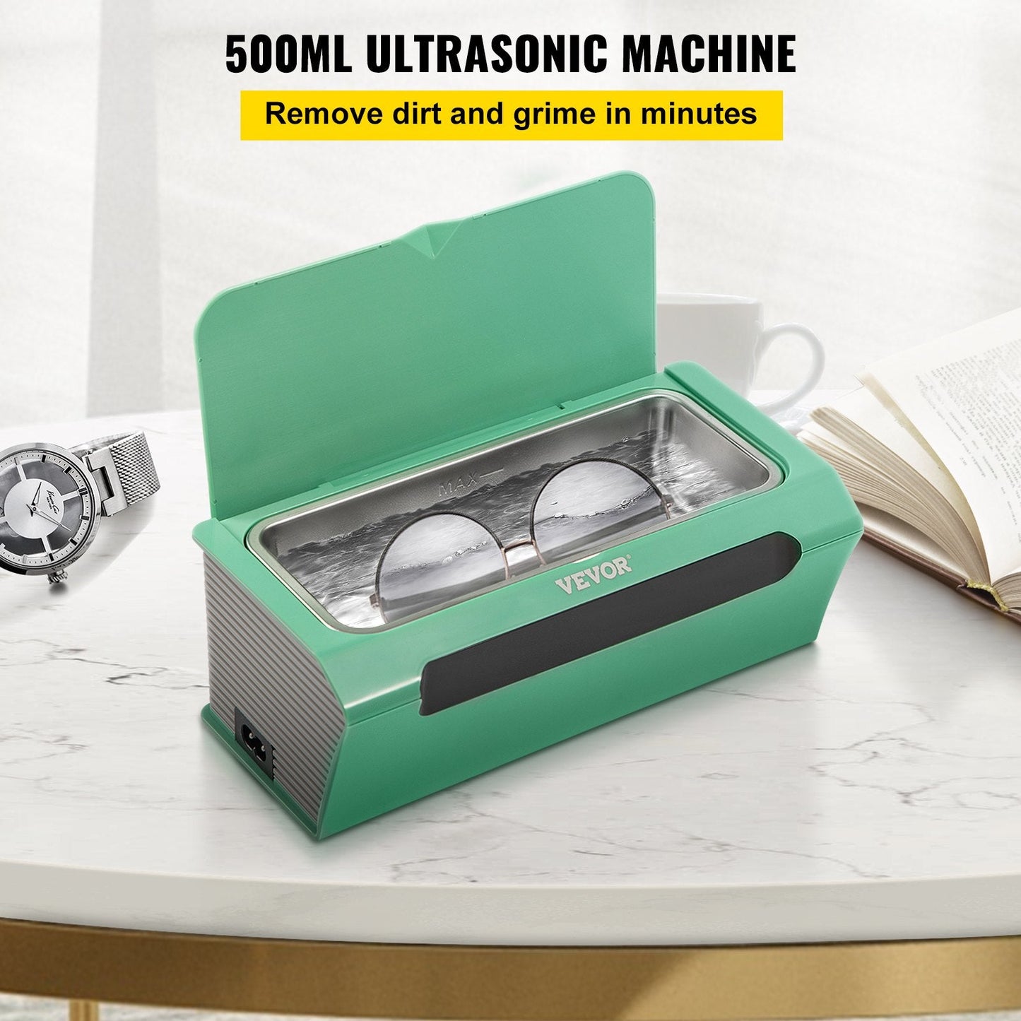 Ultrasound Jewelry Cleaner, 500ml, Green, for Deep Gentle Cleansing, Touch Panel